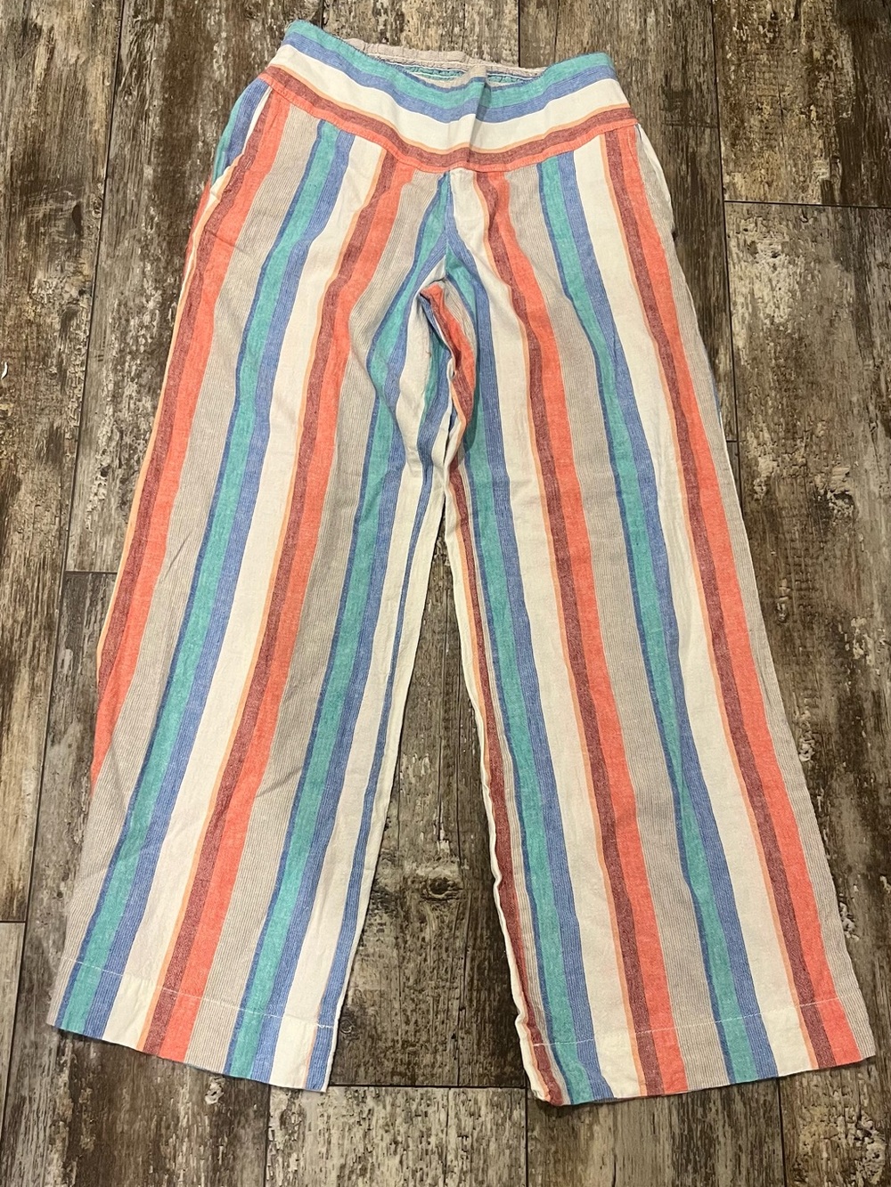 Wide Leg Striped Linen-Blend Pants in Coral, Blue & Cream